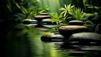 AI generated Green leaves on stone, water flowing, nature beauty generated by AI photo