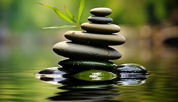 AI generated Stacked rocks create a tranquil balance in nature generated by AI photo