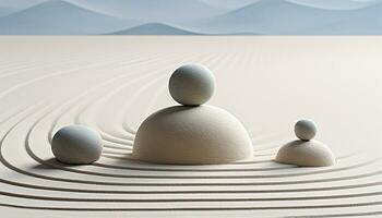 AI generated Tranquil scene of balanced pebble stack on blue wave generated by AI photo