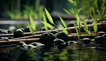 AI generated Green bamboo leaf reflects in tranquil pond water generated by AI photo