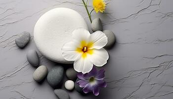 AI generated Freshness and beauty in nature, stone and flower generated by AI photo