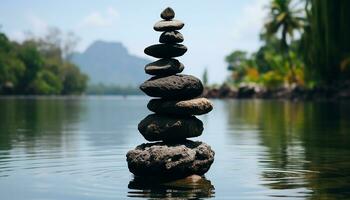 AI generated Stacked stone cairn symbolizes harmony and tranquility generated by AI photo