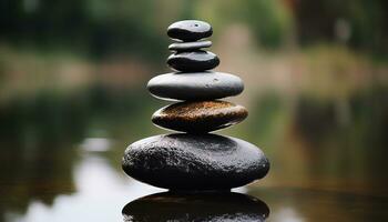 AI generated Stacked stone cairn symbolizes balance and harmony generated by AI photo