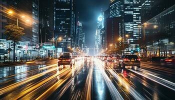 ai generado Noche paisaje urbano, coche velocidades mediante tráfico, rascacielos iluminar generado por ai foto