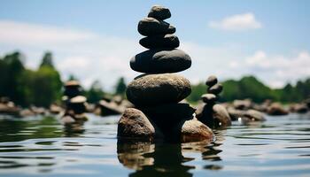 AI generated Tranquil scene of stacked stones reflects harmony and balance generated by AI photo