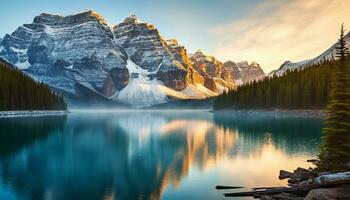 ai generado majestuoso montaña pico refleja en tranquilo morena lago generado por ai foto