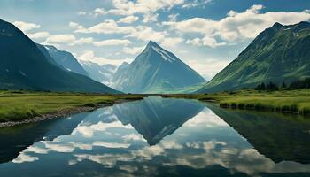 AI generated Majestic mountain peak reflects in tranquil blue pond generated by AI photo