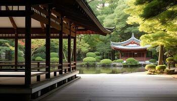 ai generado tranquilo escena de antiguo pagoda en japonés jardín generado por ai foto