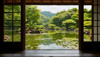 ai generado ventana refleja tranquilo bosque paisaje, naturaleza belleza adentro generado por ai foto