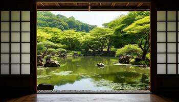 ai generado tranquilo escena de japonés arce en verde bosque generado por ai foto