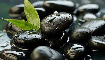 AI generated Smooth pebble reflects green leaf in tranquil water generated by AI photo