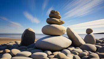 AI generated Stacked rocks create harmony in tranquil coastal landscape generated by AI photo