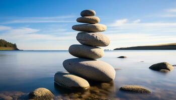 AI generated Stacked rocks create harmony in tranquil nature scene generated by AI photo