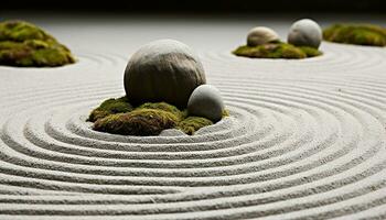 AI generated Meditating rock in tranquil green stone garden generated by AI photo