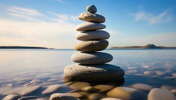 AI generated Stacked stones create harmony in tranquil nature generated by AI photo