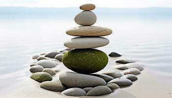 AI generated Stacked pebbles create harmony and tranquility in nature generated by AI photo