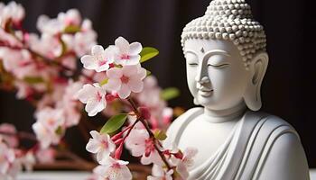 AI generated Buddhism symbol of harmony, meditating statue in nature generated by AI photo