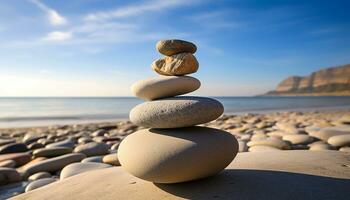 AI generated Stacked rocks on coastline create tranquil harmony generated by AI photo
