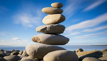 AI generated Stacked rocks symbolize balance and tranquility in nature generated by AI photo