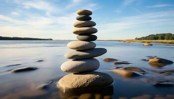 AI generated Stacked rocks create harmony in tranquil nature scene generated by AI photo