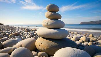 AI generated Stacked rocks create harmony in nature tranquil scene generated by AI photo