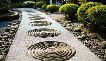 AI generated Stone footpath curves through green grass in nature generated by AI photo