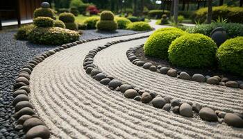 AI generated Tranquil stone path curves through landscaped Japanese garden generated by AI photo