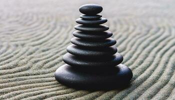 AI generated Stacked pebbles create harmony in tranquil coastal scene generated by AI photo