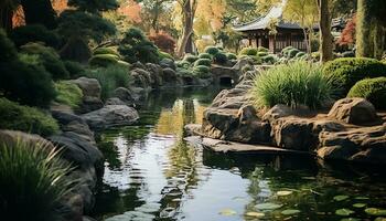 ai generado tranquilo estanque refleja verde árbol en formal jardín generado por ai foto