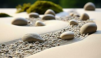 AI generated Smooth pebble, wet sand, wave, harmony, tranquil scene generated by AI photo