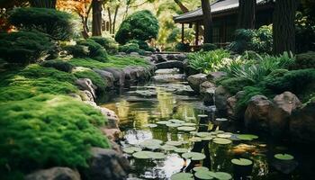 AI generated Tranquil scene of green pond reflects Japanese beauty generated by AI photo
