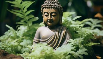 AI generated Buddhist statue meditating in tranquil green forest generated by AI photo