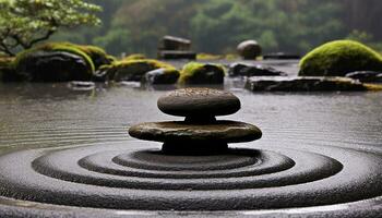 AI generated Stacked pebbles create a tranquil balance in nature generated by AI photo