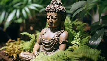 AI generated Meditating statue in tranquil tropical rainforest scenery generated by AI photo