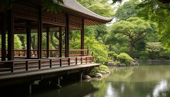 AI generated Tranquil scene of green forest, water reflection, and bridge generated by AI photo