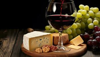 ai generado gastrónomo comida y vino en rústico de madera mesa, generado por ai foto