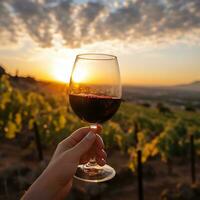 AI generated Sunset over vineyard, wineglass in hand, relaxation , generated by AI photo