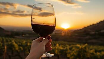 ai generado puesta de sol terminado viñedo, Copa de vino en mano, de la naturaleza celebracion, generado por ai foto