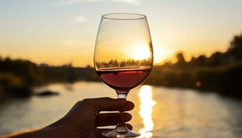 ai generado romántico atardecer, Copa de vino en mano, de la naturaleza belleza, generado por ai foto