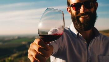AI generated Smiling man holding wineglass enjoys nature's sunset, generated by AI photo