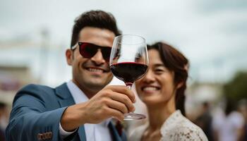 ai generado sonriente adultos disfrutando vino en verano, generado por ai foto