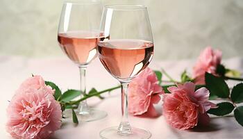 ai generado romántico celebracion con vino, flores, y elegancia, generado por ai foto
