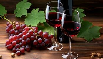ai generado uva vino en de madera mesa, de la naturaleza gastrónomo beber, generado por ai foto