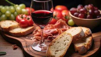 AI generated Freshness and rustic bread, wine, and prosciutto, generated by AI photo