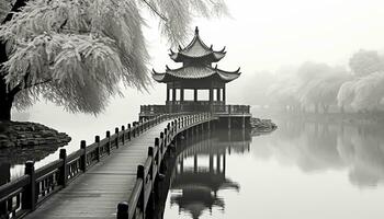 ai generado antiguo pagoda refleja en tranquilo invierno estanque, generado por ai foto