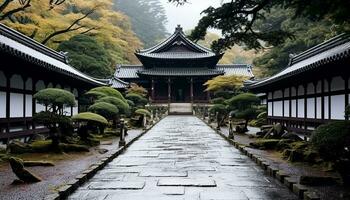 AI generated Ancient pagoda stands tall in tranquil autumn forest, generated by AI photo