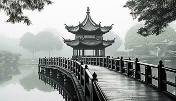 AI generated Ancient pagoda reflects in tranquil foggy pond, generated by AI photo