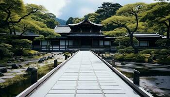 ai generado antiguo pagoda soportes alto en tranquilo japonés paisaje, generado por ai foto