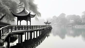 ai generado antiguo pagoda refleja en tranquilo y estanque, generado por ai foto