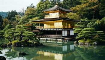 ai generado tranquilo escena de antiguo pagoda refleja belleza en naturaleza, generado por ai foto